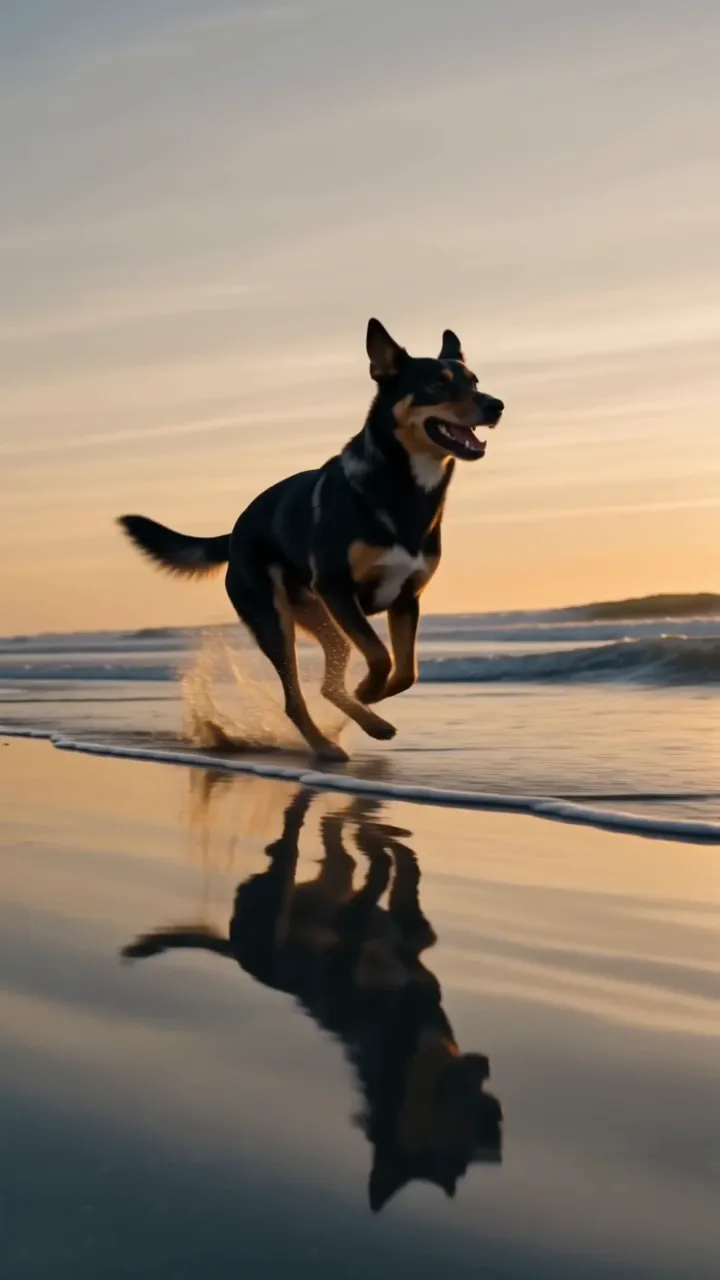 Dog sprinting through shallow water on a beach at golden hour