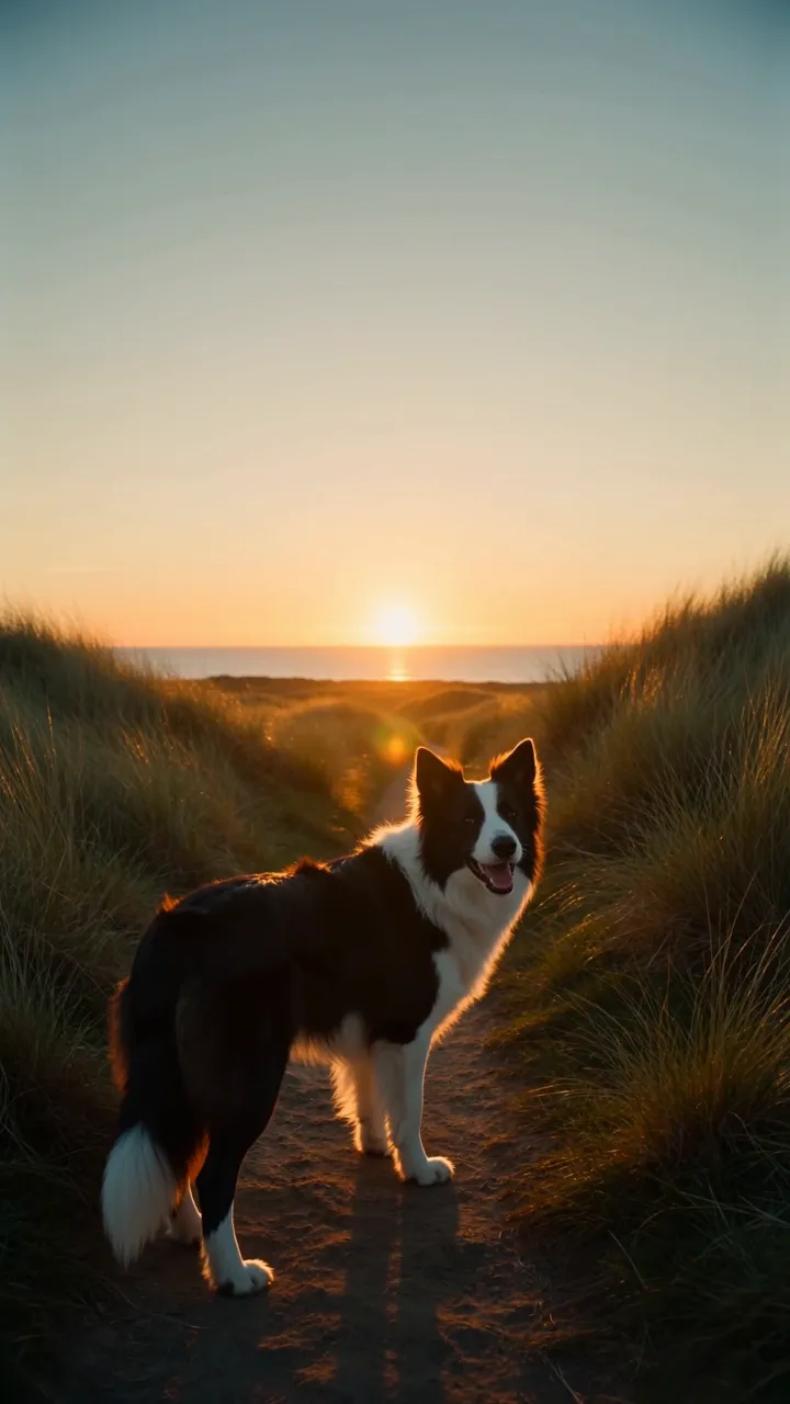 Border collie on a coastal dune path at sunrise